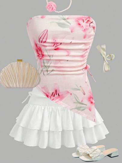 Girlism Tween Girls Floral Print Drawstring Cropped Tank Top & White Cake Skirt 2-Piece Set, Suitable For Casual, Holiday, Family Gathering, Wedding, Party