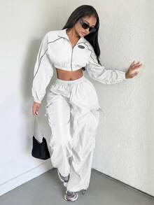 Alexandranx 秋冬字母拼接撞色滚边短款黑色夹克 - 白色 - 查看 6