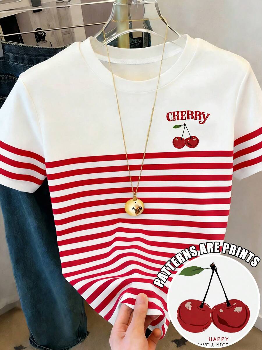 Resyla Women's Casual Cherry Striped Print Short Sleeve T-Shirt, Suitable For Daily Commute And Vacation - Multicolor - View 1