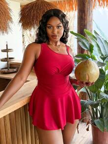Slaydiva Traje de baño de una pieza con cuello asimétrico y unicolor para tallas grandes - Rojo - Ver 5