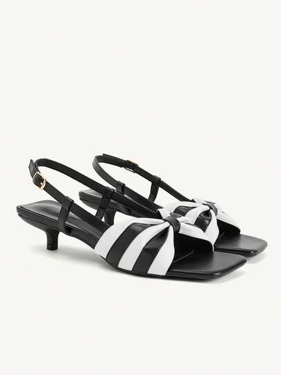 CUCCOO CHICEST Black And White Color Matching Bow, Thin Heel, Square Head, Back Strap Temperament, And Sandals Outside.