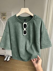 SHEIN EZwear Plus Size Short Sleeve Cotton T-Shirt, Washed Snowflake Design, Spring - Dark Green - View 5