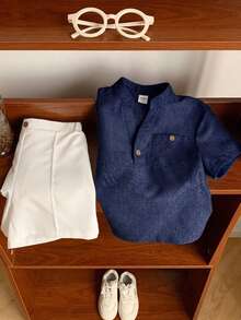 SHEIN LMoss Kids 儿童男童休闲V领短袖衬衫和短裤两件套 - 藏蓝色 - 查看 2