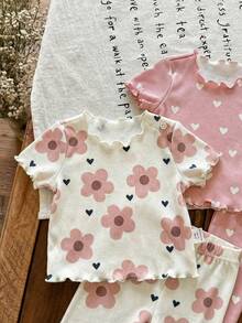 SHEIN LMoss Kids 新生女宝宝四件套休闲碎花荷叶边圆领短袖针织条纹睡衣套装，夏季 - 彩色 - 查看 5