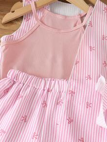 SHEIN Genkimix Kids 3件組少女夏季休閒細肩帶短版上衣、條紋短褲與腰帶裝飾無袖針織外套，極簡風女孩套裝 - 粉色 - 查看 5