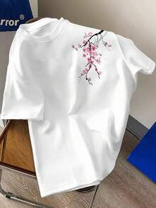 Manfinity Hypemode Men's Summer White And Pink Cherry Blossom Sakura Floral Quote Letter Print Crew Neck Oversized T-Shirt,Streetwear City Break Harajuku Relaxed Tee - White - View 2