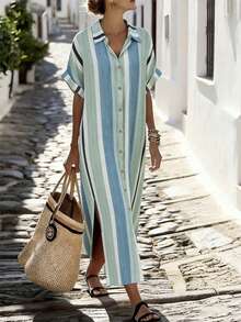 Breezaya Women's Light Blue Striped Summer Casual Shirt Dress,Loose Button-Down Maxi Dress,Elegant Holiday Vacation Beach Wear,Stylish Short Sleeve Outfits - Multicolor - View 4