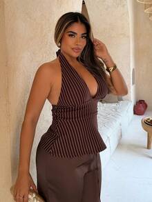 Maria Perezxox Atasan Tank Top Bergaris Model A-Line Tanpa Punggung dengan Leher V Dalam dan Pinggang Ramping, Model Halter dan Tanpa Lengan. - Coklat - View 4