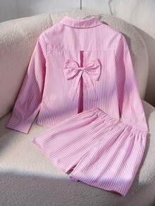 SHEIN 2pcs/Set Pakaian Anak Perempuan Remaja Kasual Berkerah Polo dengan Motif Garis-garis dan Pita, Kemeja Lengan Panjang dan Celana Pendek Motif Garis-garis, Musim Semi/Musim Gugur - Berwarna merah muda - View 9