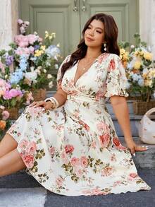 Breezaya 大码女式深V领印花泡泡袖短款连衣裙，优雅百搭，适合通勤、日常穿着、婚礼、伴娘等场合，及膝波西米亚风假日长裙 - 杏色 - 查看 6