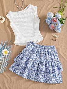 SHEIN Elladie kids 这款少女新款两件套套装，时尚休闲，充满度假风情。舒适的弹力针织提花蓝色圆领套头背心搭配同色系双层蛋糕裙，尽显优雅气质。背心的腰部和下摆采用褶裥设计，打造出精致优雅的整体造型。这款高品质套装适合日常穿着，也适合度假、旅行和聚会等场合，是春夏的理想之选。 - 彩色 - 查看 2