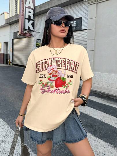 Strawberry Shortcake X SHEIN 大码女式短袖卡通印花T恤