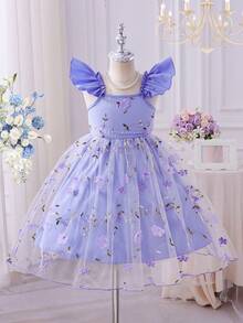 SHEIN Glamorique Kids 小女孩芋头紫色短袖薄纱公主裙，通体手工刺绣花朵，高腰飘逸蓬松薄纱裙摆。柔软亲肤的雪纺面料，适合花童、生日派对等场合。 - 紫色 - 查看 6
