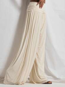 MUSERA Ruched Gathered Waist Flowy Chiffon Wide Leg Trouser Coord Trouser Only Cute Holiday Sexy Night Out Vacation Spring Summer Elegant Soleil Drape - Cream - View 3