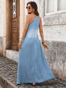 Breezaya Women's Casual Washed Frayed Strap Denim Dress, Summer - Blue - View 2