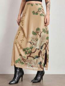 ROMWE Avant Nueva falda con abertura estampada con grulla y árbol de pino con caligrafía china, para mujer, estilo chino - Albaricoque - Ver 4