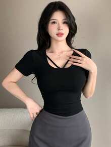 DAZY Spring & Summer Black Lace-Up Slim Fit Elegant Crew Neck Short Sleeve Tee Shirt, Suitable For Valentine's Day, Wedding, Party, Commute - Black - View 10