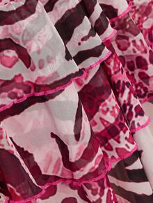 SHEIN ICON Plus Size Women's Sexy Beach Vacation Leopard & Zebra Print Patchwork Backless Tie-Front Ruffle Hem Waist Cinched Dress - Hot Pink - View 9
