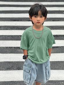 SHEIN Little Byeori 1件小男孩休閒運動學院風街頭可愛度假寬鬆日韓風圓領T恤，背面印字母，適合返校、生日派對、晚會、表演、婚禮 - 薄荷綠 - 查看 2