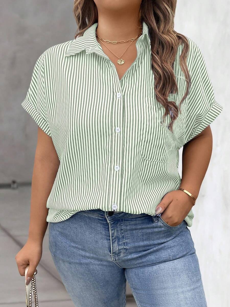 Vionelle 大码蓝白条纹短袖纽扣休闲衬衫，女士夏季衬衫，夏季休闲装，女士休闲衬衫，夏季休闲上衣，女士休闲Polo衫 - 綠色 - 查看 1
