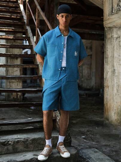 PAVTROS Men's Shirt Set, Showcasing Street Fashion Vibe. Collared Short Sleeve Button-Up Shirt, Paired With Elastic Waist Shorts, Creating A Stylish Street-Inspired Outfit Set, Suitable As A Gift For Boyfriends And Friends.