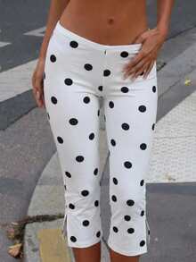 Muchica White Base Polka Dot Women's Tight 3/4 Length Leggings - Black and White - View 1
