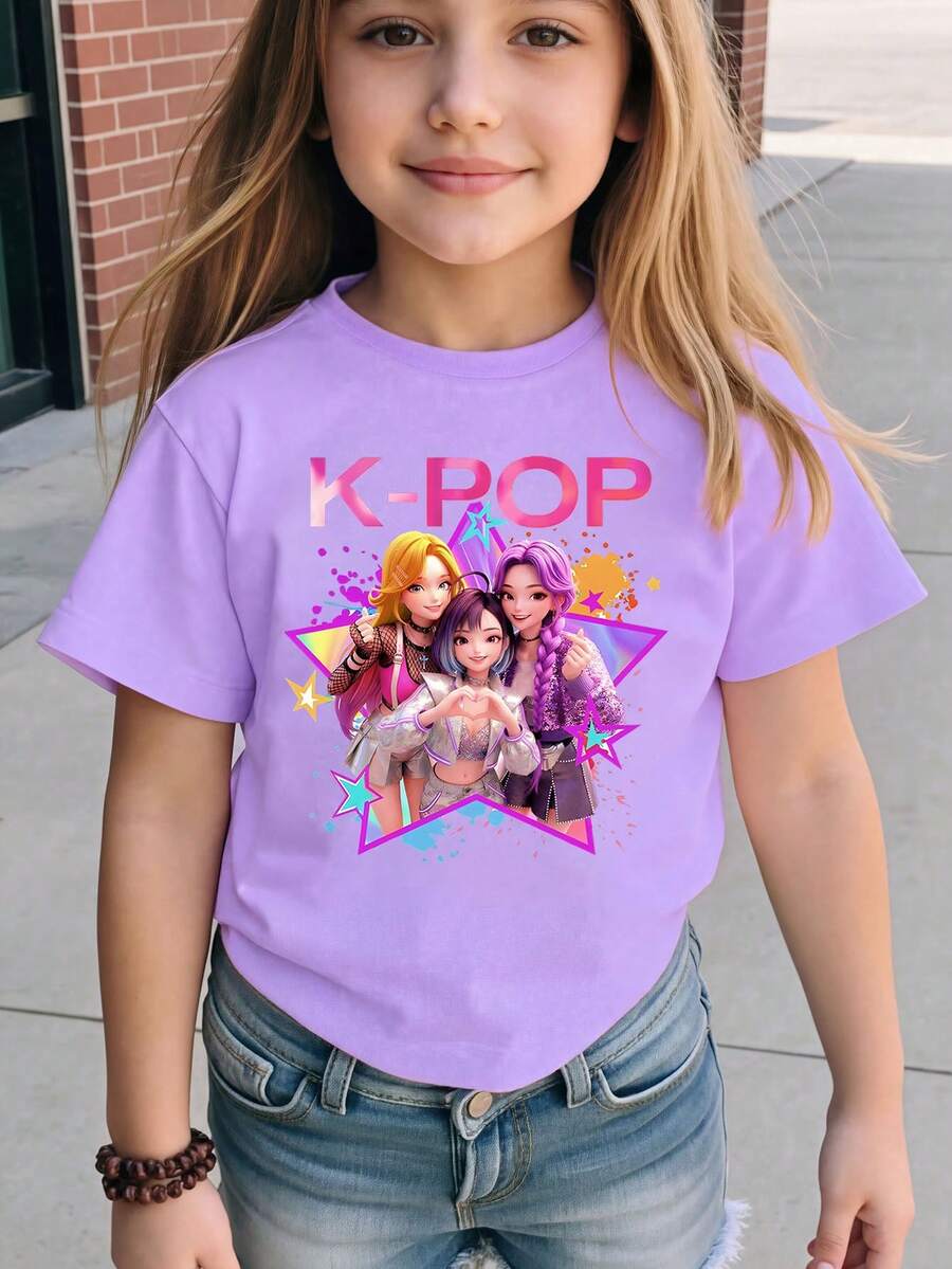 Young Girl Casual K-POP Cartoon Character Print Short Sleeve T-Shirt, Summer - Mauve Purple - View 1