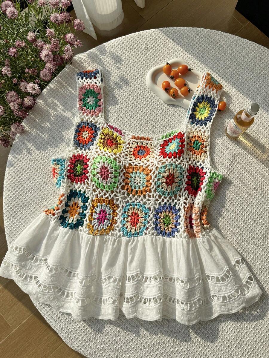 SHEIN EZwear 彩色镂空钩针编织拼接无袖毛衣背心 - 彩色 - 查看 1