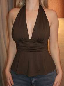 Turnttoni Top sin espalda de halter estilo boho marrón para salir, tipo babydoll, para primavera a verano - Marrón - Ver 3