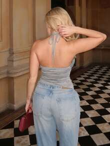 Turnttoni Top halter con encaje en contraste fruncido - Gris - Ver 2