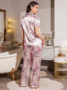 LuxeNights Floral Print Lapel Collar Short Sleeve Pajama Set - Baby Pink - View 3