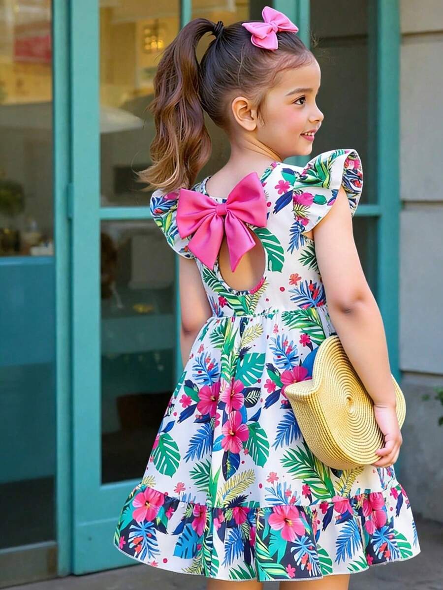 Elladie kids Robe décontractée élégante pour filles avec imprimé floral, col rond, manches évasées, dos ajouré, nœud décoratif à la taille, volants à l'ourlet. Convient pour les vacances et les voyages, l'été. - Blanc - Voir 1