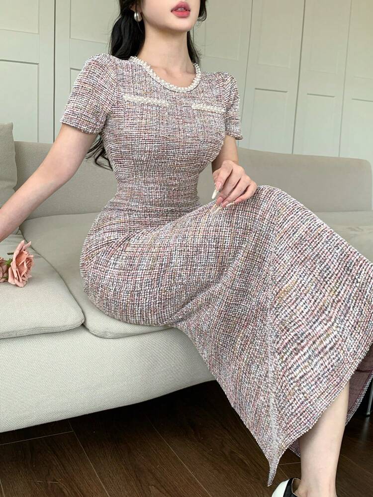 Women's Elegant Beaded Decor Fitted Mid-Length Dress, Summer