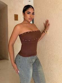 Maria Perezxox 女士棕色街头风 Y2K 短款上衣，朋克摇滚明星图案修身背心，秋冬款 - 棕色 - 查看 5