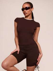 SHEIN BAE Women's Brown And Cream Round Neck Cap Sleeve Fitted Casual Fitness Sports T-Shirt,Summer Athleisure Gym Sportswear,Spring Festival Party Beach Top - Coffee Brown - View 1