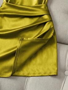 Franclia Vestido assimétrico justo ao corpo, sem mangas, com gola alta brilhante e modelagem brilhante, em tecido sem brilho. Ideal para mulheres. - Amarelo Mustarda - Ver 5