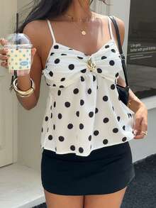 Aloruh 简约优雅黑白波点可调节肩带褶皱金属装饰露脐女式背心 - 黑與白 - 查看 3