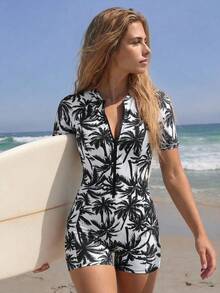 Swim SPRTY Áo tắm liền thân in họa tiết toàn thân cổ chữ V dành cho nữ, thích hợp cho kỳ nghỉ biển, tiệc bể bơi, tiệc bãi biển. Áo tắm liền thân chống nắng dành cho nữ. - Đen và trắng - Xem 4