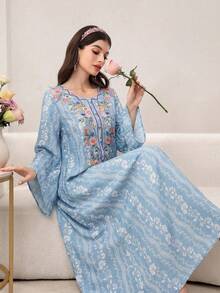 Yasmyna Áo khoác cardigan tay dài dáng rộng in hoa, cài cúc phía trước. - Màu xanh lam - Xem 3