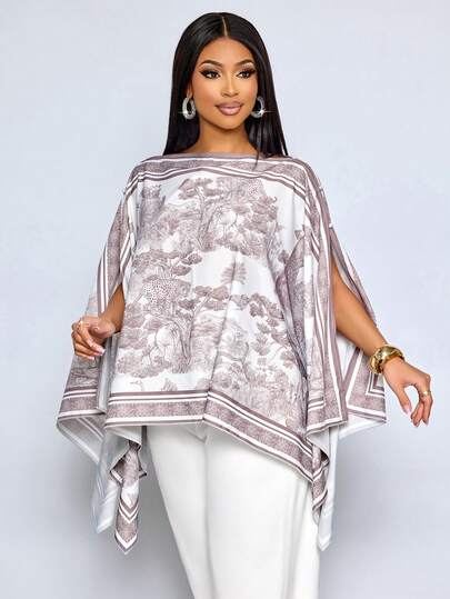 SOLERSUN Women's Spring And Summer Elegant Apricot Multi-Way Wear Animal Asymmetrical Neck Batwing Sleeve Asymmetrical Hem Blouse Oblique Shoulder Split Sleeve Loose Fashionable Shirt Vintage Sunset Holiday Print Batwing Sleeve Tops New Arrival Versatile,V-Neck Loose Cover Up Shirt For Women (Convertible As Cape/Shawl),Spring And Summer Clothing,Daily Commuting,Going Out