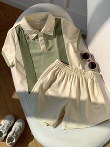 2pcs/Set Young Boy Casual Nature-Inspired Colorblock Polo Shirt & Shorts Set, Vintage Yet Fashionable, Break Monotony, Easily Achieve Kid Look - Multicolor - View 5