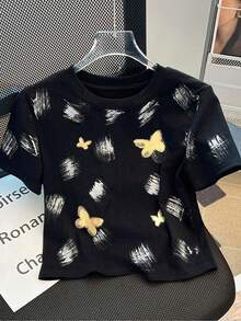Resyla Women's Butterfly Print Round Neck Short Sleeve Casual Versatile T-Shirt - Black - View 1