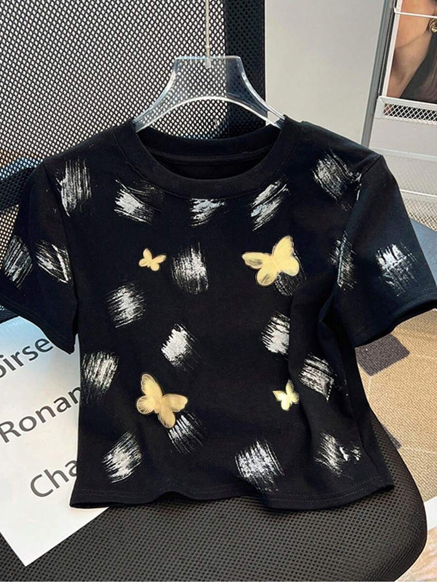 Resyla Women's Butterfly Print Round Neck Short Sleeve Casual Versatile T-Shirt - Black - View 1