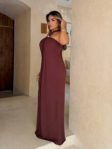 Maria Perezxox 2025 Spring/Summer New Arrival Music Festival, Easter, St. Patrick's Day, Western, Nomadic, Birthday Party, Graduation, College Style, Student, Daily Casual, Basic, Leisure, Vacation, Cruise Travel, Beach, Sunbathing, Viral , Streetwear, Wedding Guest Boho, Commute, Brunch, Airport, Green Halter Backless Maxi Dress With Metal Ring Decor - Brown - View 3