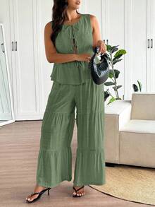 SHEIN Frenchy Plus Size Summer Casual Boho Brown 2 Pieces Set Women Multi-Layer Ruffle Patchwork Top+Pants Versatile Holiday Beach Gym Vacation Daily Wear Outfit - Green - View 3