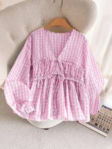 CosyJoli Plus Size Women Shirred Lantern Sleeve Tie-Waist Plaid Shirt - Pink - View 5
