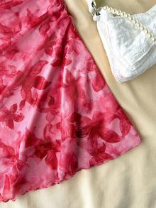 SHEIN 少女碎花荷叶边时尚派对连衣裙，童装 - 紅色 - 查看 5