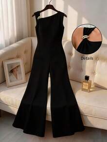 Elenzga Plus Size Solid Color Metal Decor Asymmetric Neckline Sleeveless Jumpsuit - Black - View 3
