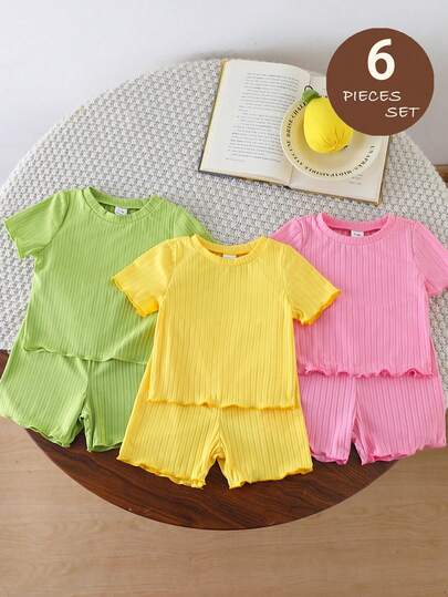 SHEIN Bộ đồ thường ngày 6 món cho bé gái, gồm áo thun ngắn tay màu trơn và quần short cạp chun.