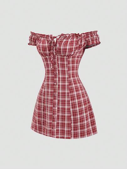 Sweetra Casual Plaid Ruffle Off-Shoulder Short Dress, Spring/Summer